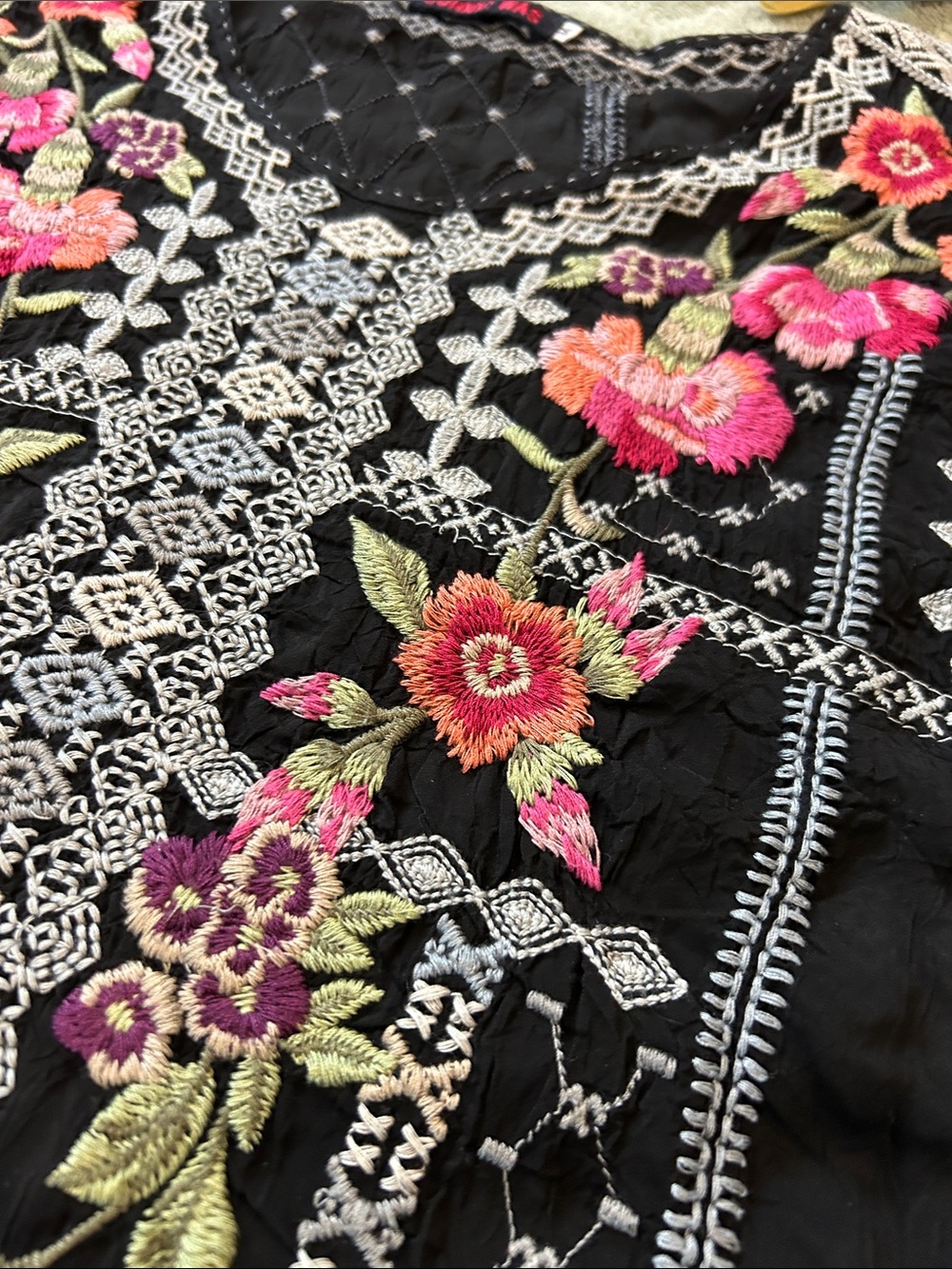 Johnny Was Black Blouse with Pink Floral Embroidery - Picture 3 of 10
